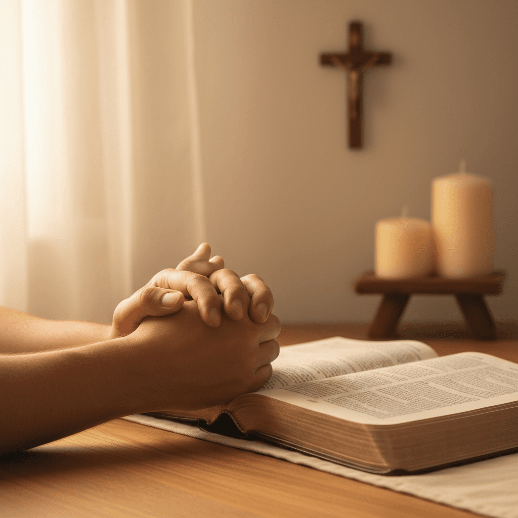 Hands joined in prayer over an open Bible