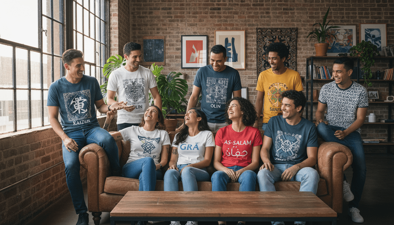 Diverse group of friends wearing heritage graphic t-shirts in modern loft, celebrating cultural identity and connection