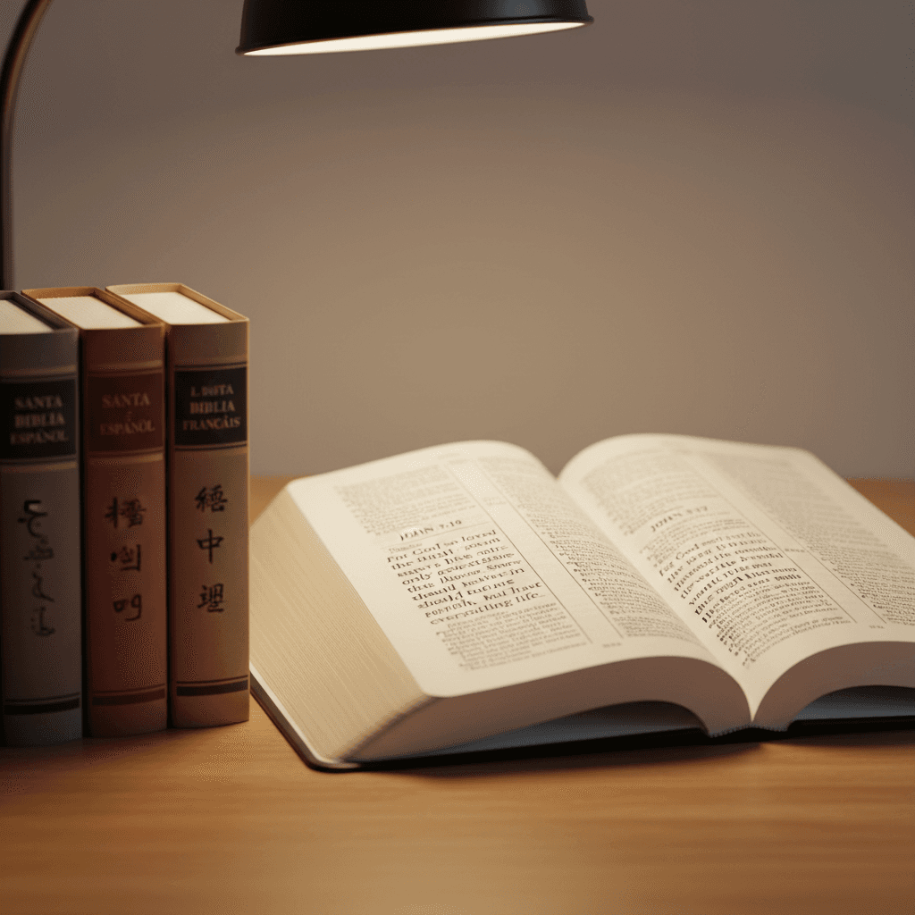 Multiple Bible versions in different languages including English, Spanish, Mandarin, Arabic, and French stacked together