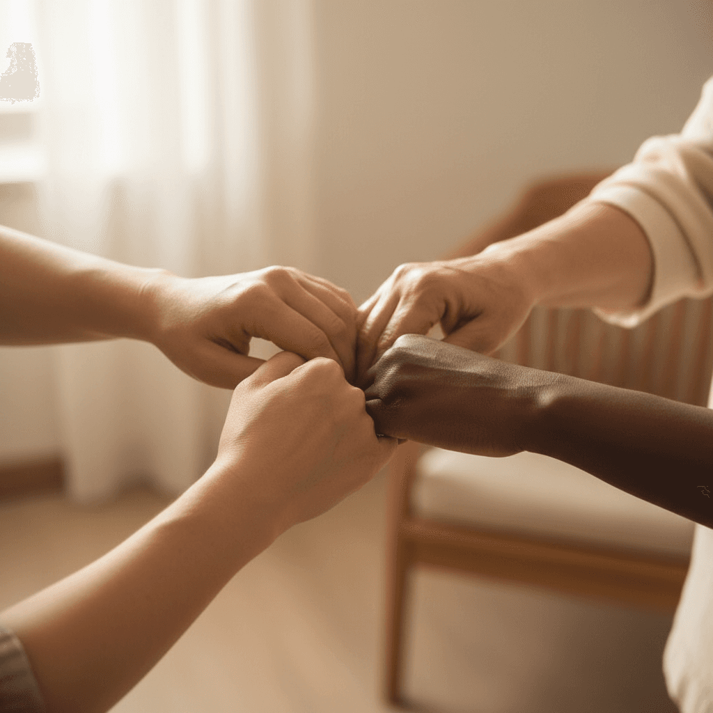 Diverse hands joined together in prayer circle, expressing spiritual connection and community support
