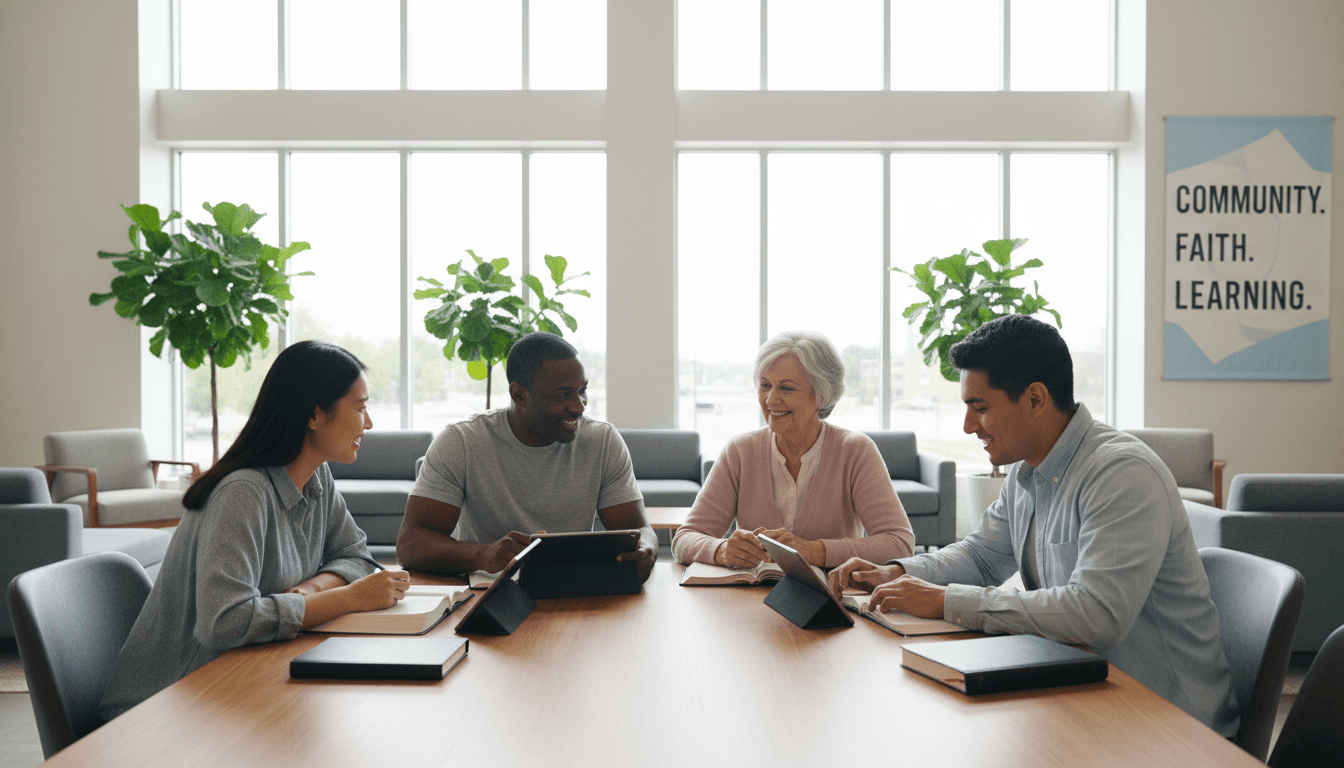 Diverse group of four people studying Bible together with tablets and printed materials around wooden table in bright community space